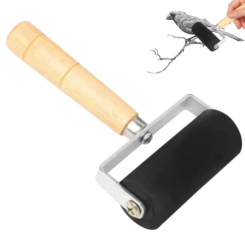 Gummirolle mit Holzgriff, Druckwalze, Pinsel, Tinte, Radiergummi – Bild 2