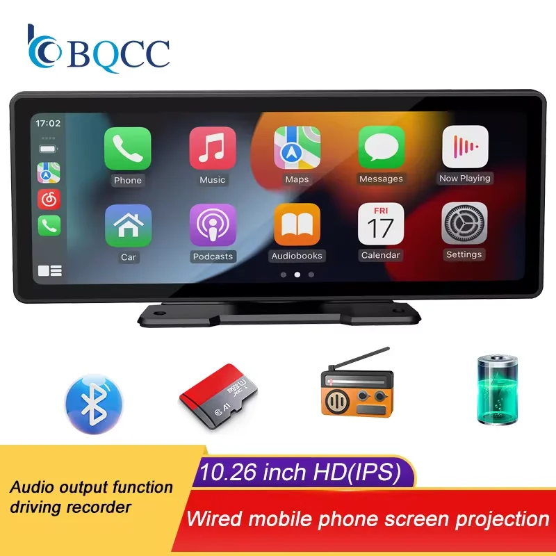 BQCC 10,26 Zoll Tragbare Drahtlose Carplay Bildschirm HD Hinten Rückfahr Kamera Auto Radio DVR MP5 Multimedia