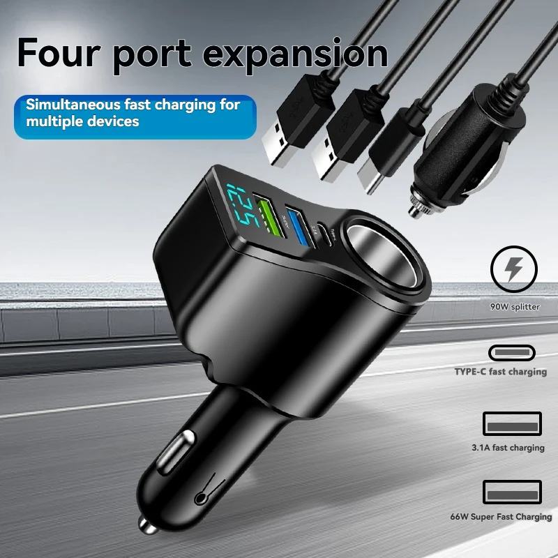 Zigarettenanzünder-Verteiler 1 auf 3 mit 2× USB und Digitalanzeige, 66 W