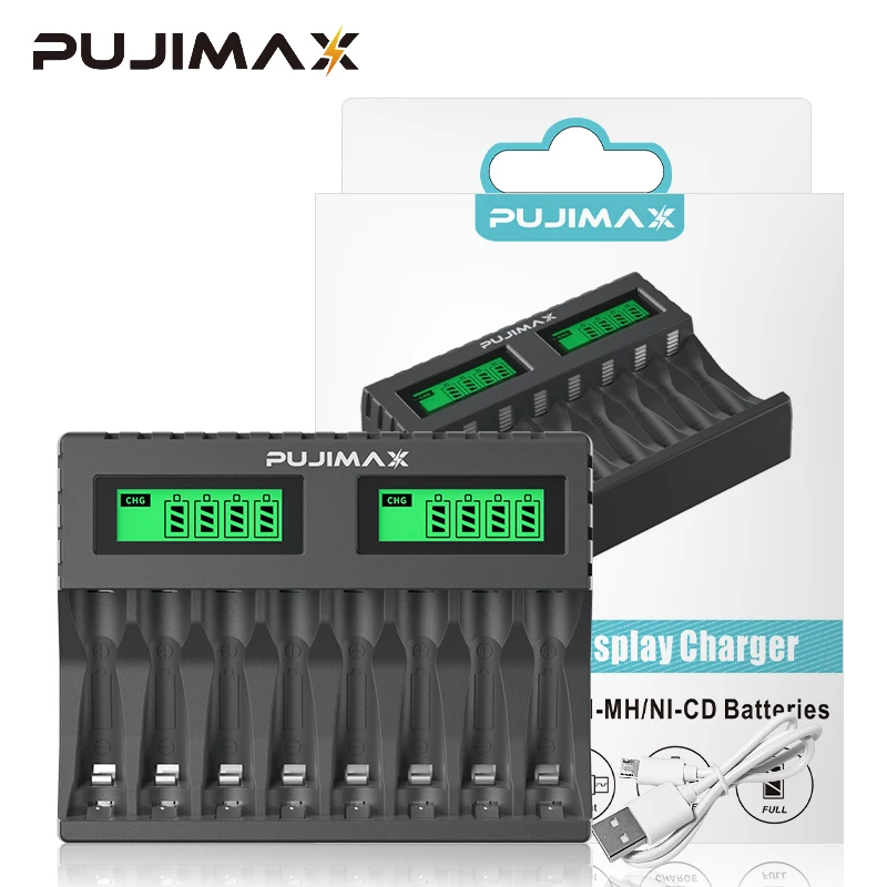 PUJIMAX 8-Slot-Akkuladegerät, geeignet für wiederaufladbare AAA/AA-Batterien, Kurzschlussschutz, LED-Anzeige