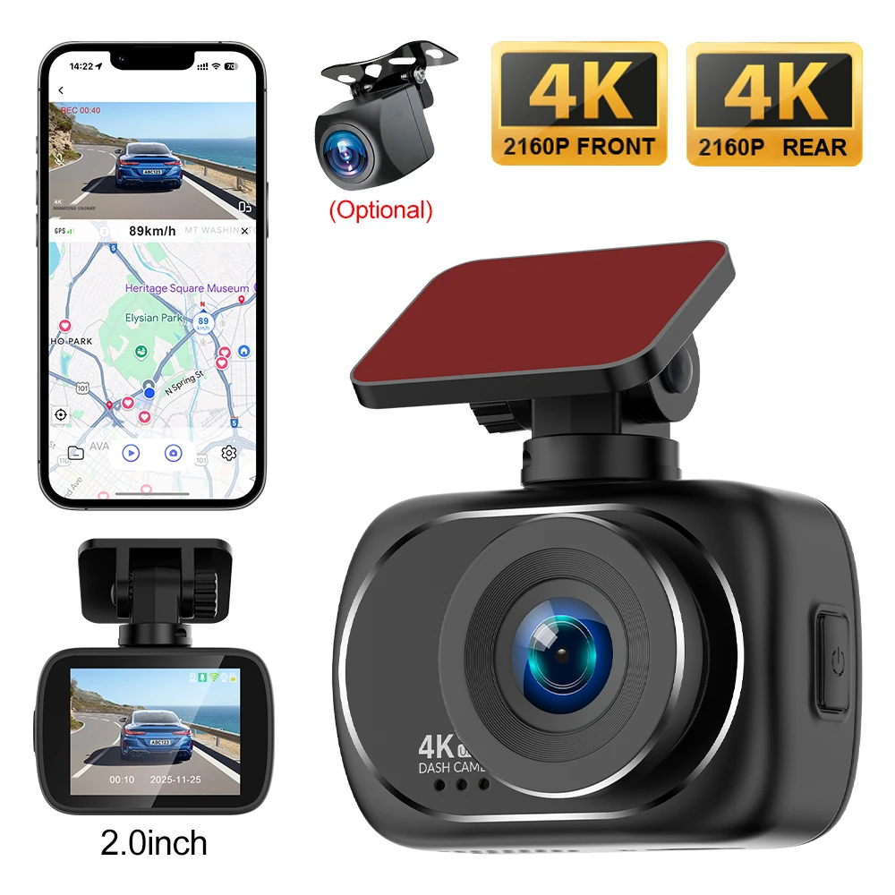 Dashcam 4K UHD Aufnahme Autokamera DVR Nachtsicht Videorekorder GPS WLAN-Unterstützung Dual-Objektiv 4K