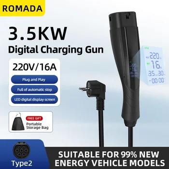 Tragbares EV-Ladegerät Typ 2 mit EU-Stecker 16A 3,5KW Elektrofahrzeug-Ladestation Wallbox 5M-20M Kabel