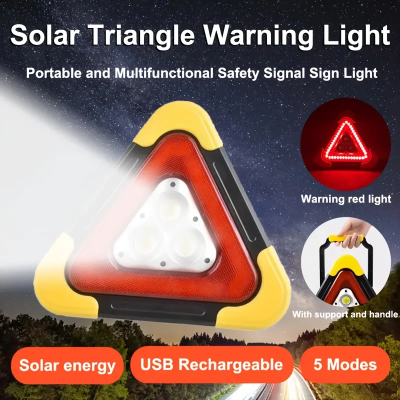 Tragbares solarbetriebenes Auto-Notfallwarnlicht, Auto-LED-Dreieck-Signallampe, 5 Modi mit Griff