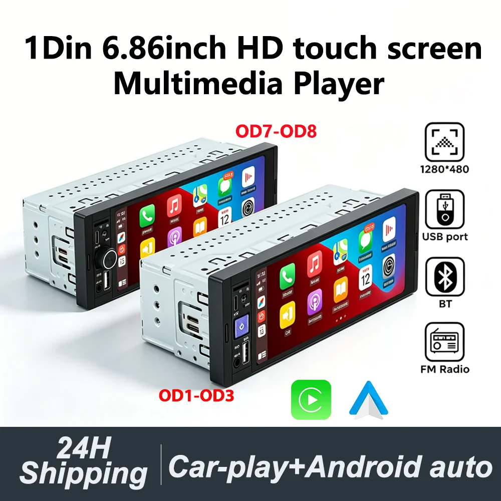 1Din Wireless CarPlay Android AUTO HD-Touchscreen Universal 6,86'' Autoradio FM Stereo MP5 Multimedia-Player