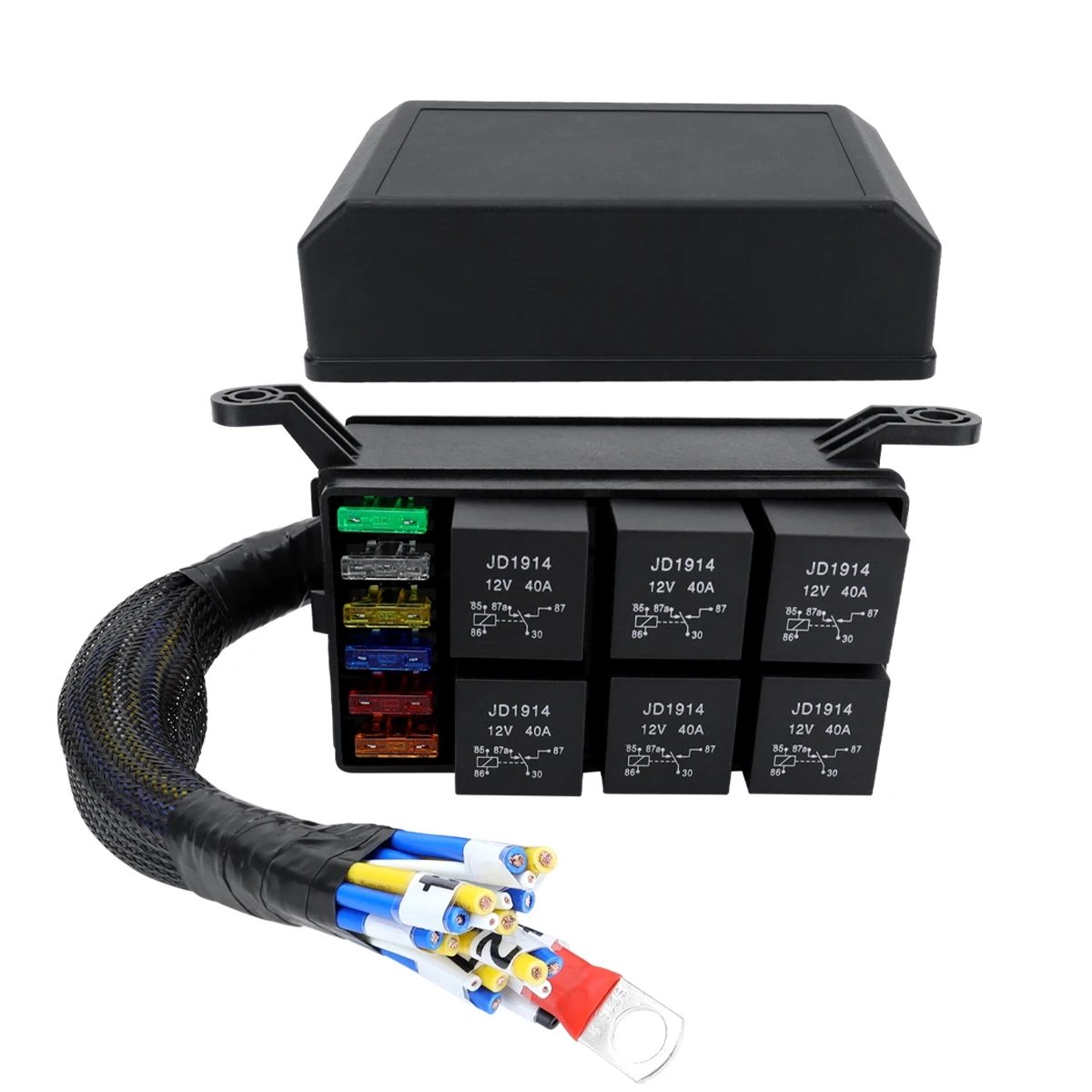 12V 6-Wege-Spulenwiderstand 50 Ω Relais-Sicherungskasten 12AWG vorkabelt, 6-fach ATC/ATO, universell für den