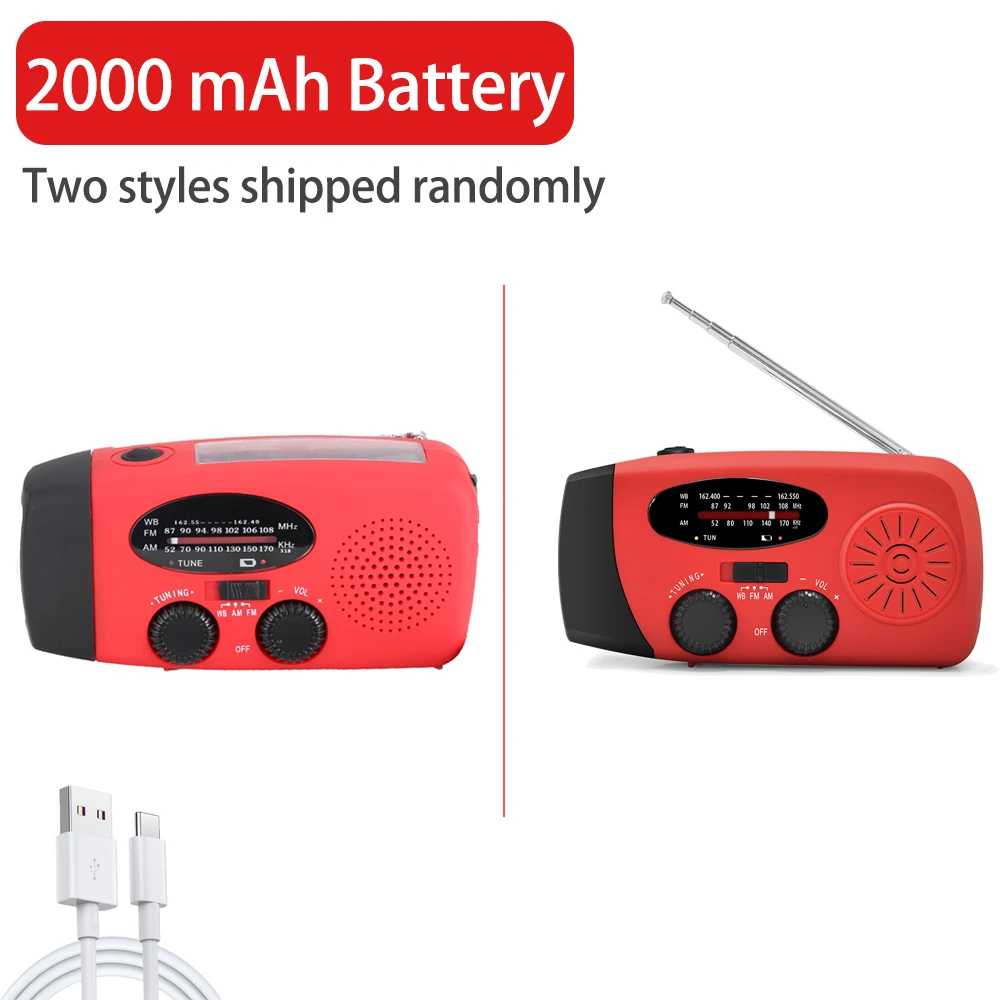 2000 mAh Notfallradio mit LED-Leuchten, Radio, USB-Solar-Ladelicht, für Outdoor-Reisen, tragbar