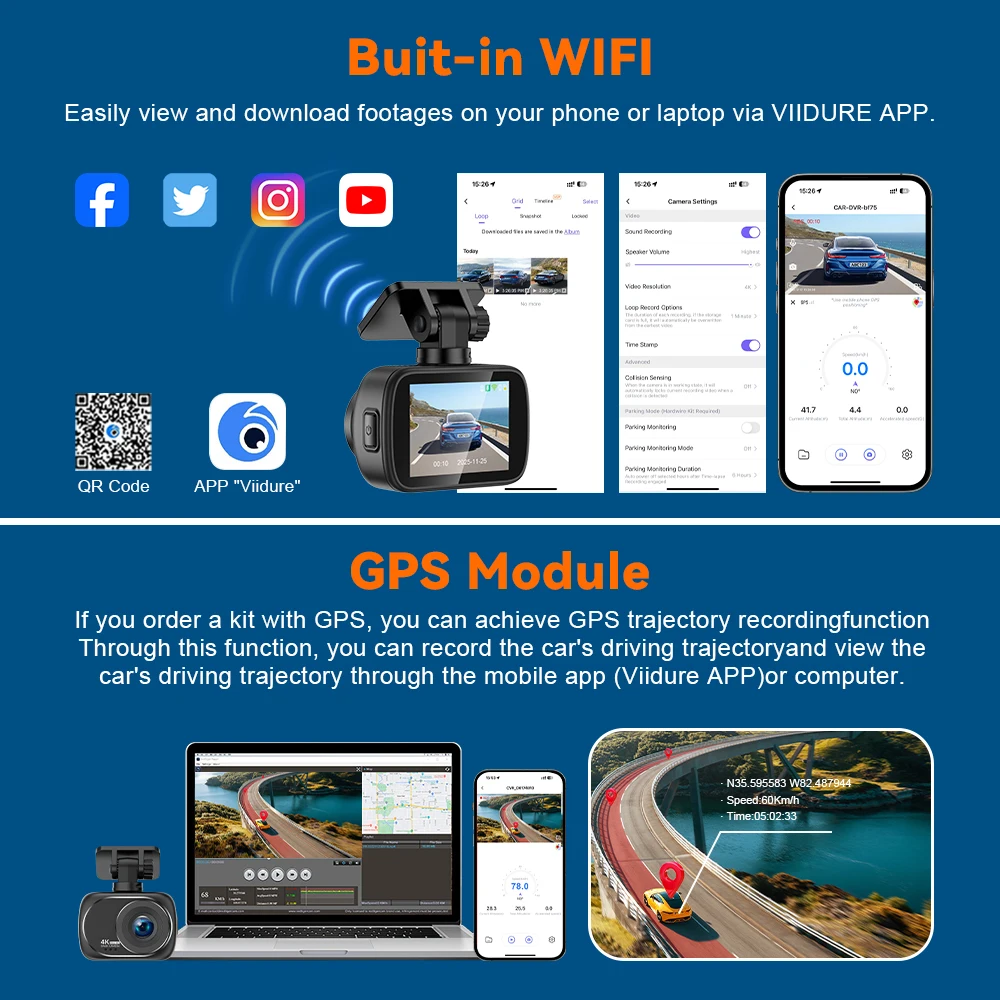 Dashcam 4K UHD Aufnahme Autokamera DVR Nachtsicht Videorekorder GPS – Bild 3