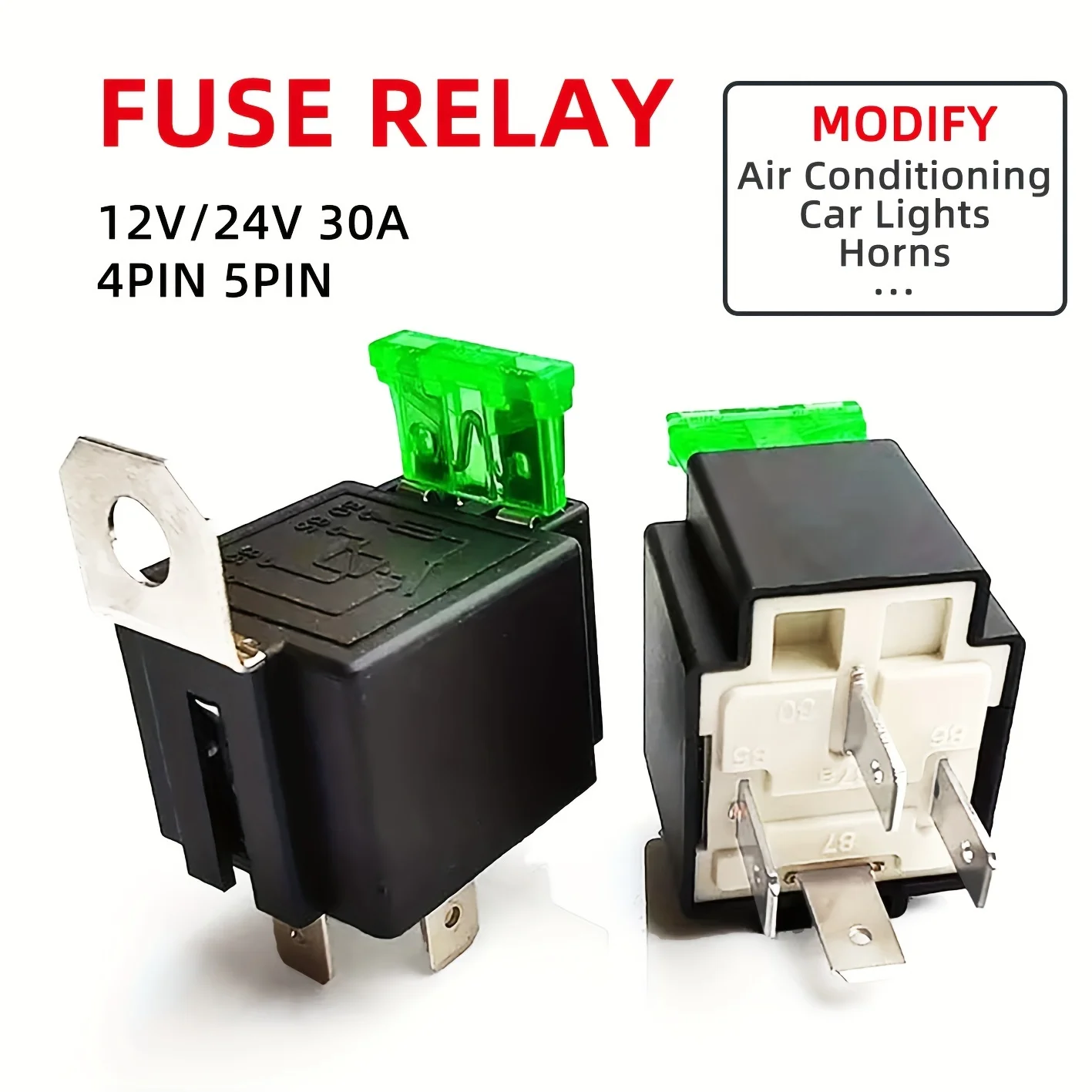 Auto-Relais mit Sicherung 12V/24V, 30A Sicherung, 4-PIN/5-PIN, Kupferfuß, Silberkontakt, für die Modifizierung