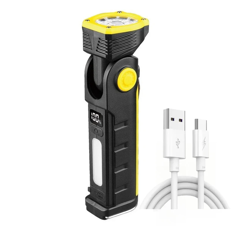 Tragbare LED-Taschenlampe mit zwei Lichtquellen, Arbeitsleuchte, USB-Aufladung, Schwanzmagnet 90 ° Rotierend