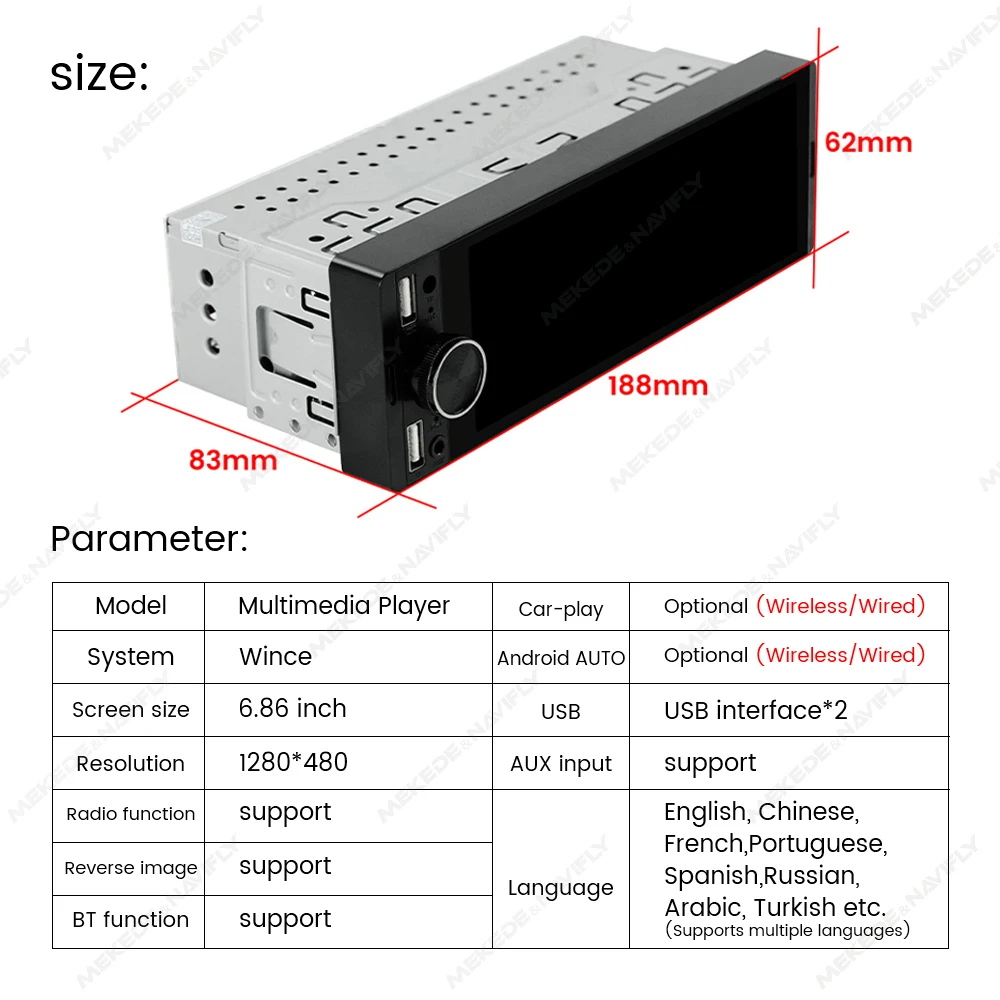 1DIN Universal MP5 6,86-Zoll Autoradio Unterstützung Drahtloses – Bild 2