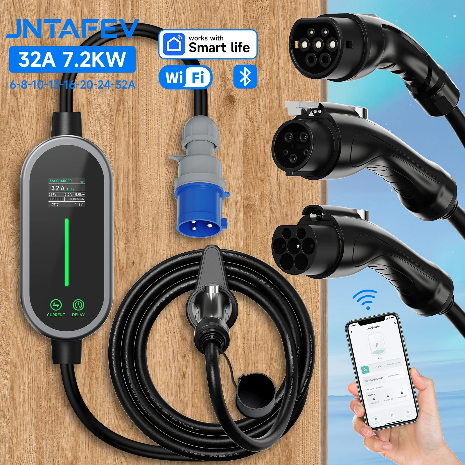 Tragbares EV-Ladegerät 7,2 kW 32A Typ 2 Schnellladekabel für Elektrofahrzeuge mit WiFi-App Bluetooth-Steuerung
