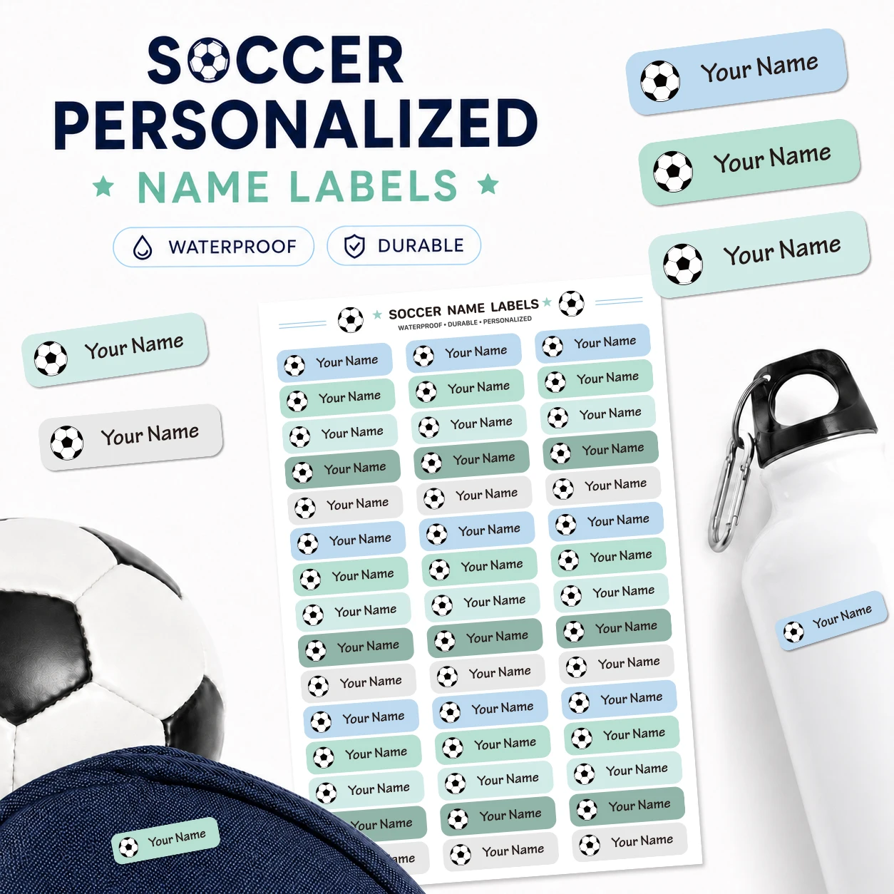 Individuelle Fußball-Namensetiketten, Wasserfeste Personalisierte Aufkleber, Bunte Etiketten für Flaschen