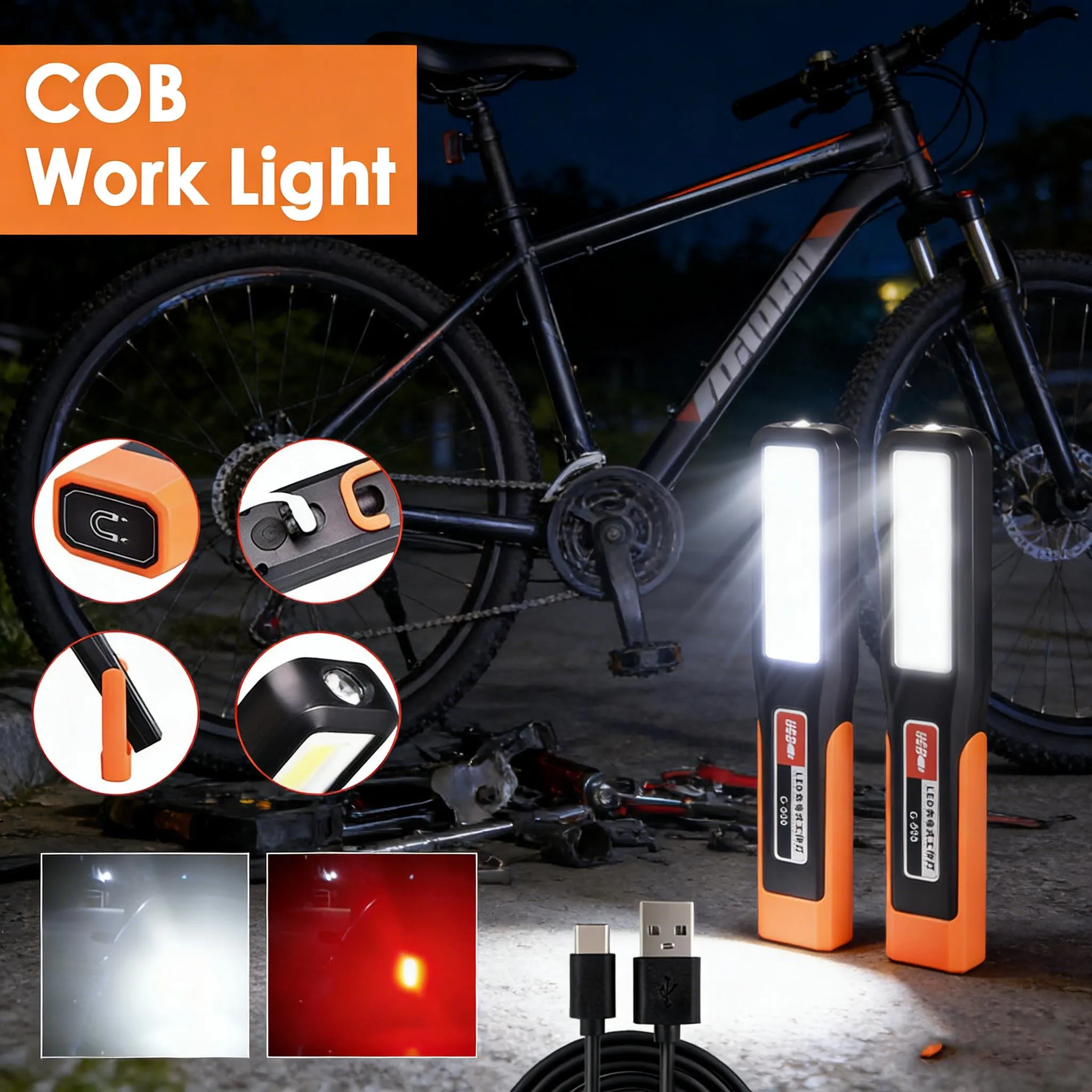 Leistungsstarke LED-Arbeitsleuchte mit Magnet, Taschenlampe für Auto und Garage, USB-Aufladung, COB-Notlicht