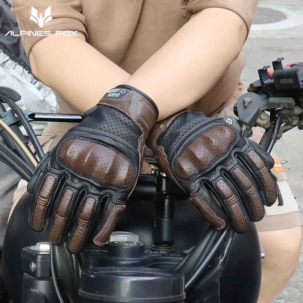 Sommer Retro Perforierte Leder Motorrad Handschuhe Männer Frauen Voll – Bild 3
