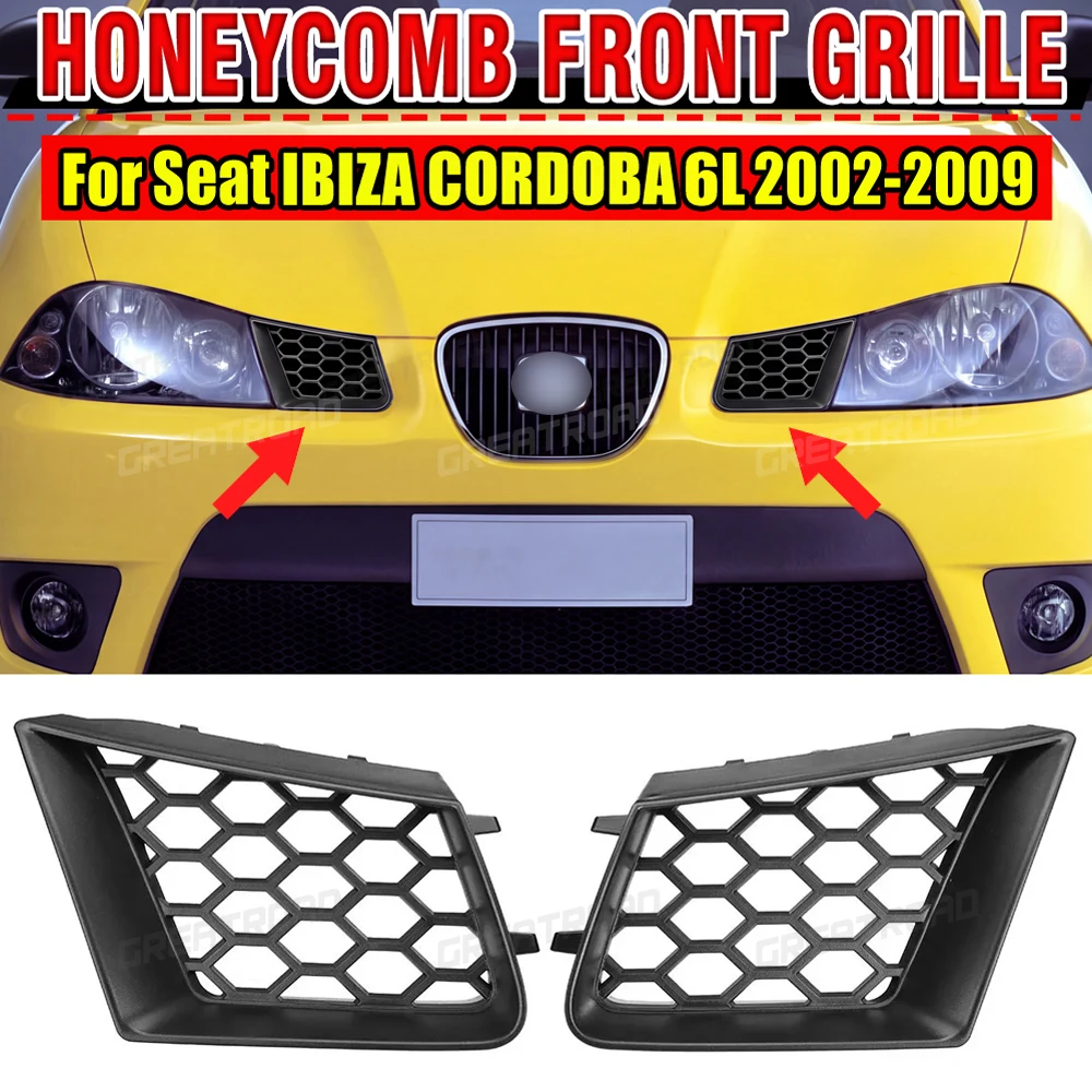 Paar Wabenförmiger vorderer oberer Stoßstangengrill für Seat Ibiza Typ 6L Cordoba 2002-2009, mattschwarzer