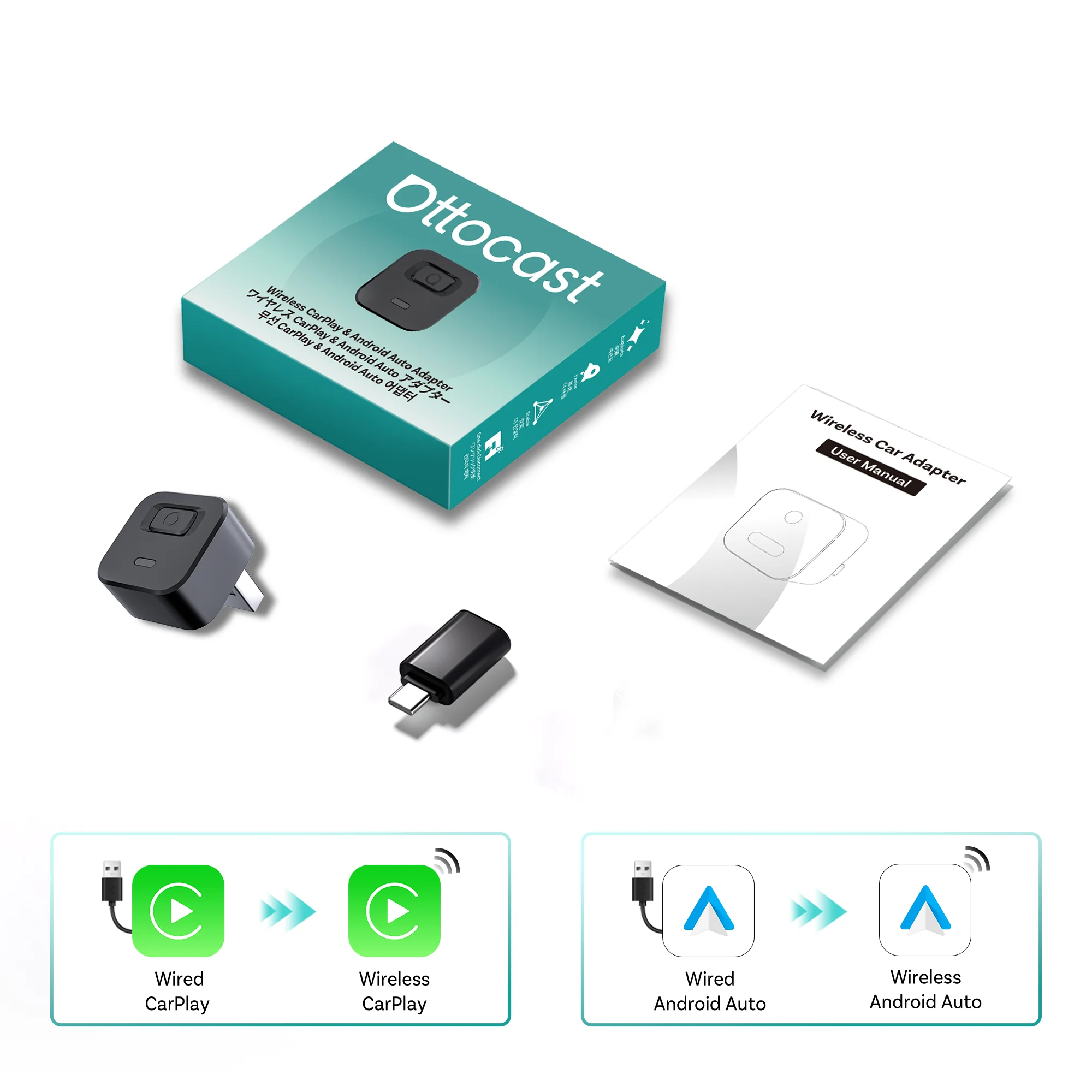 Ottocast Express Mini Dot Kabelloser Carplay-Adapter Android Auto Dongle Kabelgebunden zu Kabellos WiFi 6 Plug