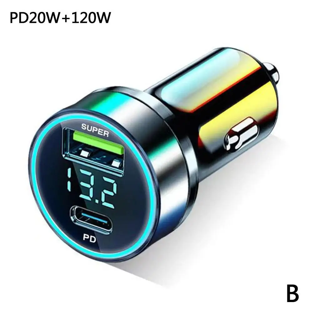Autoladegerät 120 W USB + PD 20 W Dual Ports Superschnelles Laden mit Digitalanzeige Schnellladeadapterbuchse
