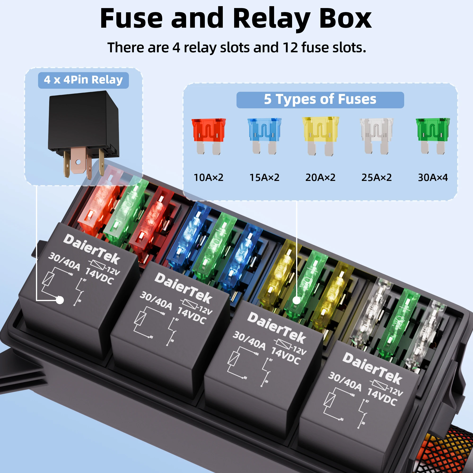 DaierTek 12V Relais-Sicherungskasten mit 12 ATO/ATC-Sicherungen – Bild 3