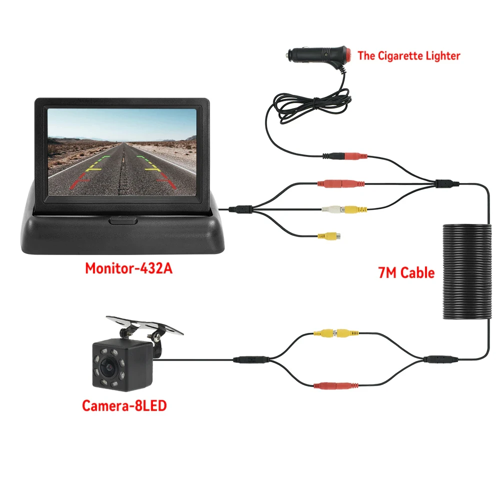 4,3-TFT-LCD-HD-Bildschirm, zusammenklappbarer Automonitor mit Rückfahrkamera, 8-LED-Backup für das Parken