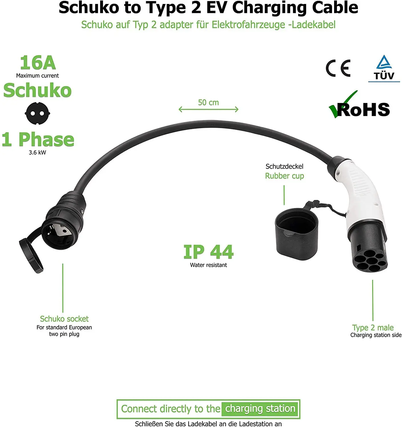 Typ 2 auf Schuko EV-Ladeadapter Elektroauto 16A Typ 2 Ladeanschluss – Bild 5