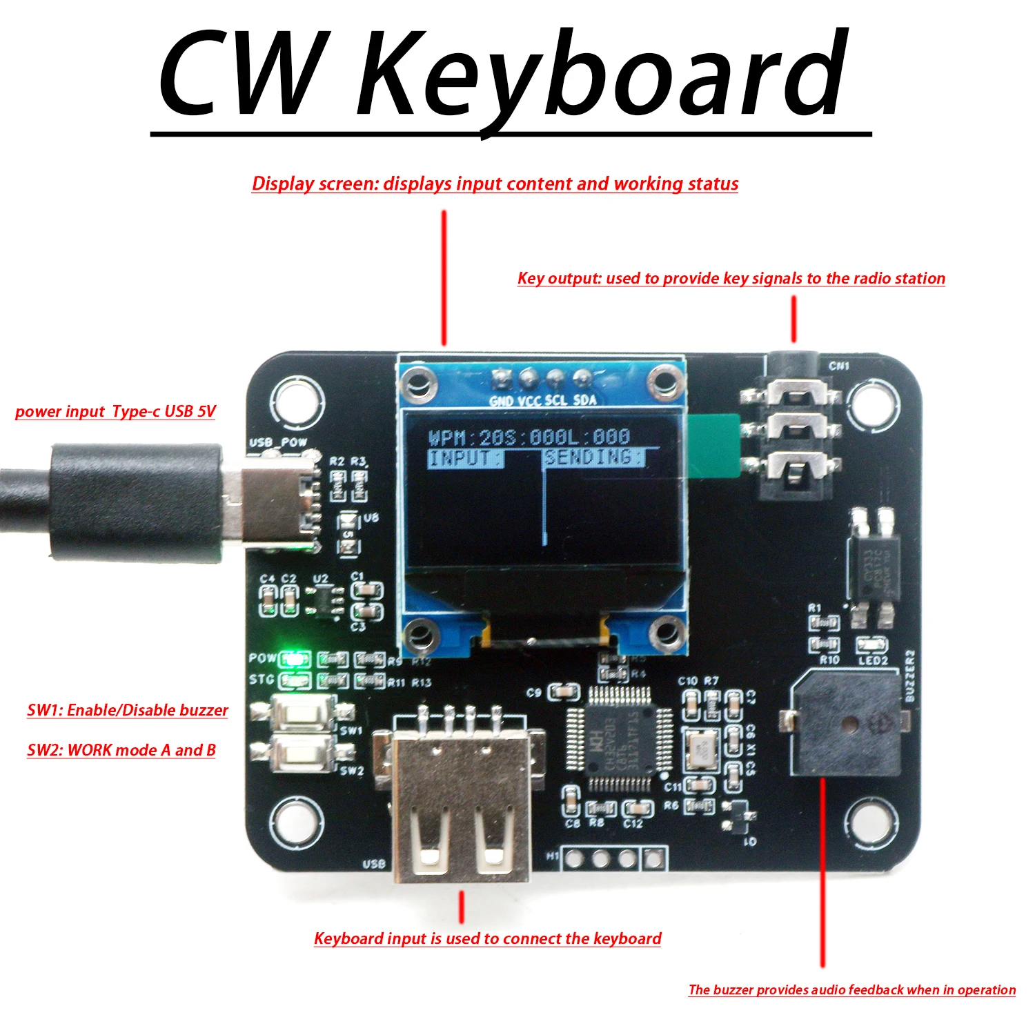 CW-Tastatur mit Elektronischen Tasten und OLED-Digitalanzeige für Computer-Eingabe