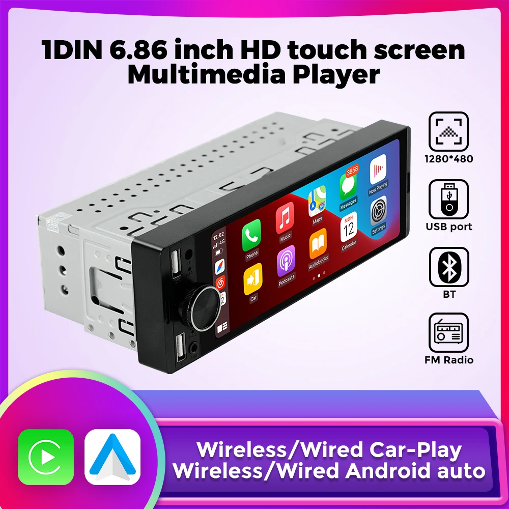 1DIN Universal MP5 6,86-Zoll Autoradio Unterstützung Drahtloses Carplay Android AUTO AUX USB SWC BT