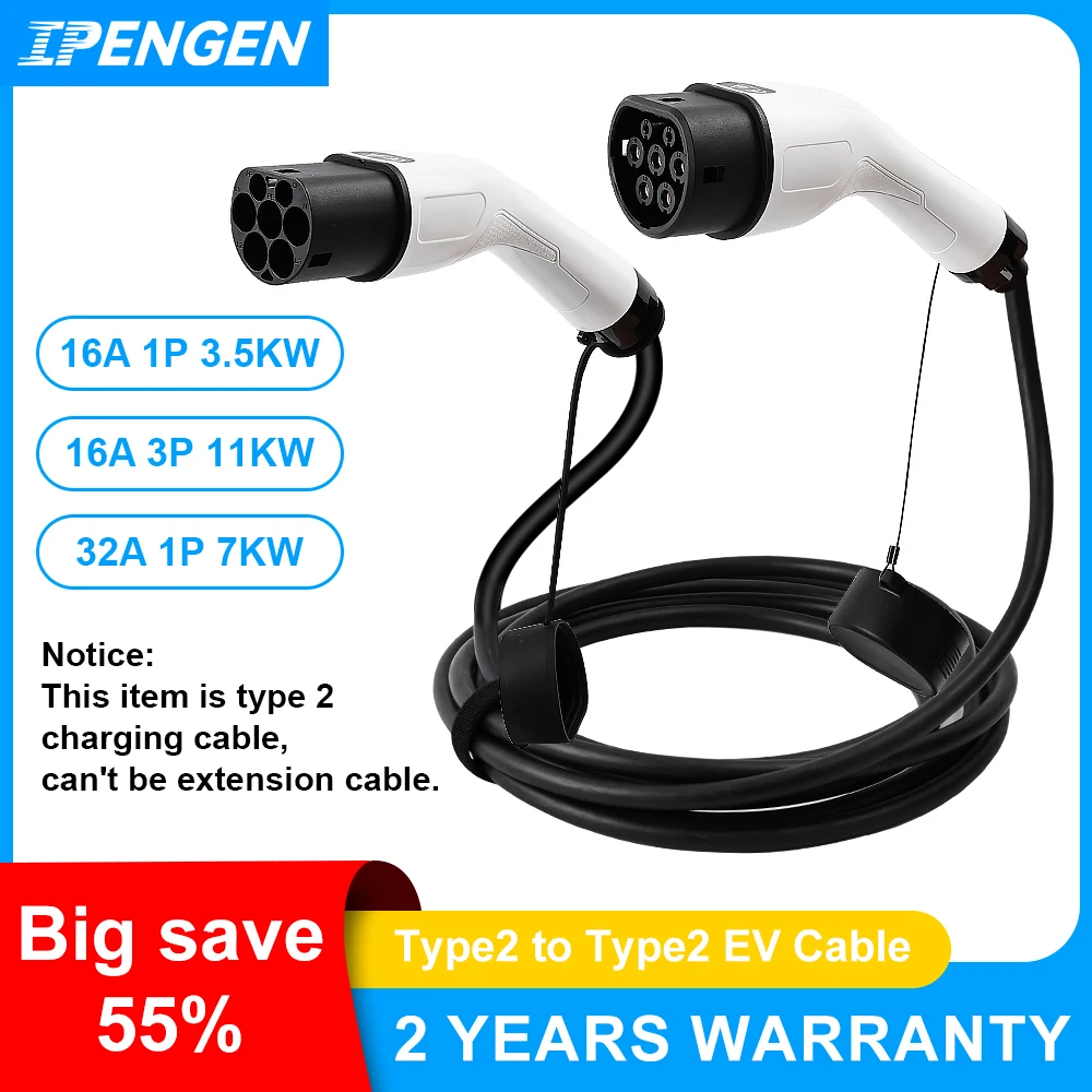 IPENGEN 16 A 32 A 11 kW Typ 2 auf Typ2 EV-Ladekabel IEC 62196-2 Elektroauto-Ladekabel für Elektrofahrzeuge
