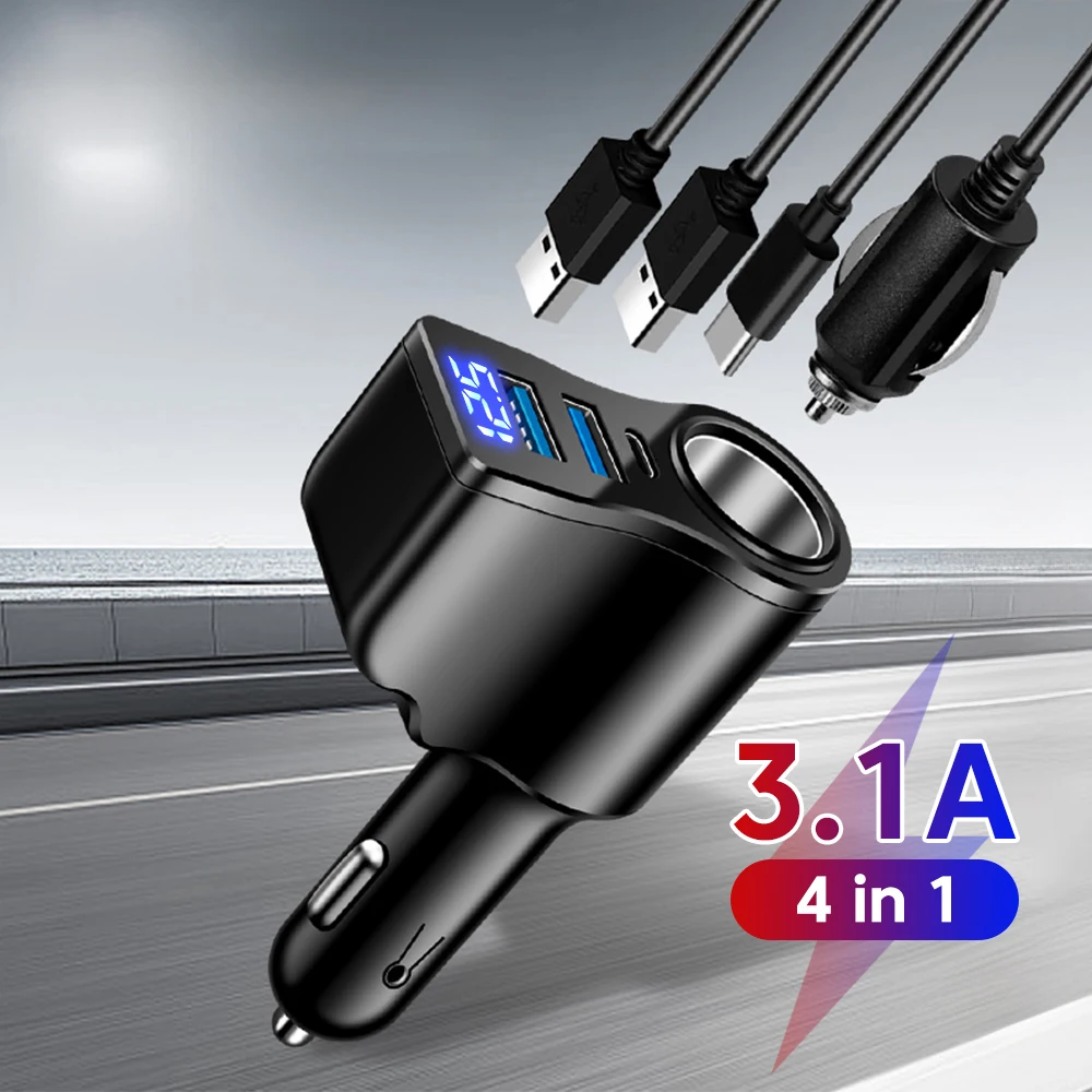 3,1A Digitales Autoladegerät Dual USB 5V/3,1A + Typ-C PD5V/3A + 90W Autostecker Schnellladegerät für Handys
