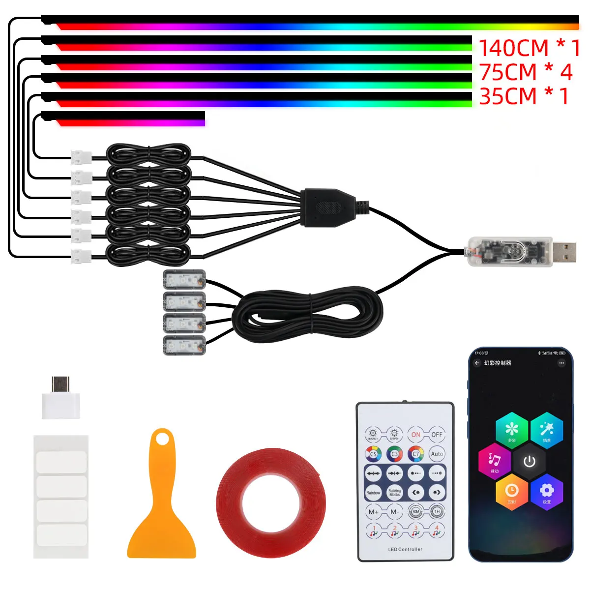 10-in-1-Auto-LED-Acryl-Lichtleiste, RGB Symphony, Auto-Innenleiste, Lichter mit Fernbedienung/APP-Steuerung