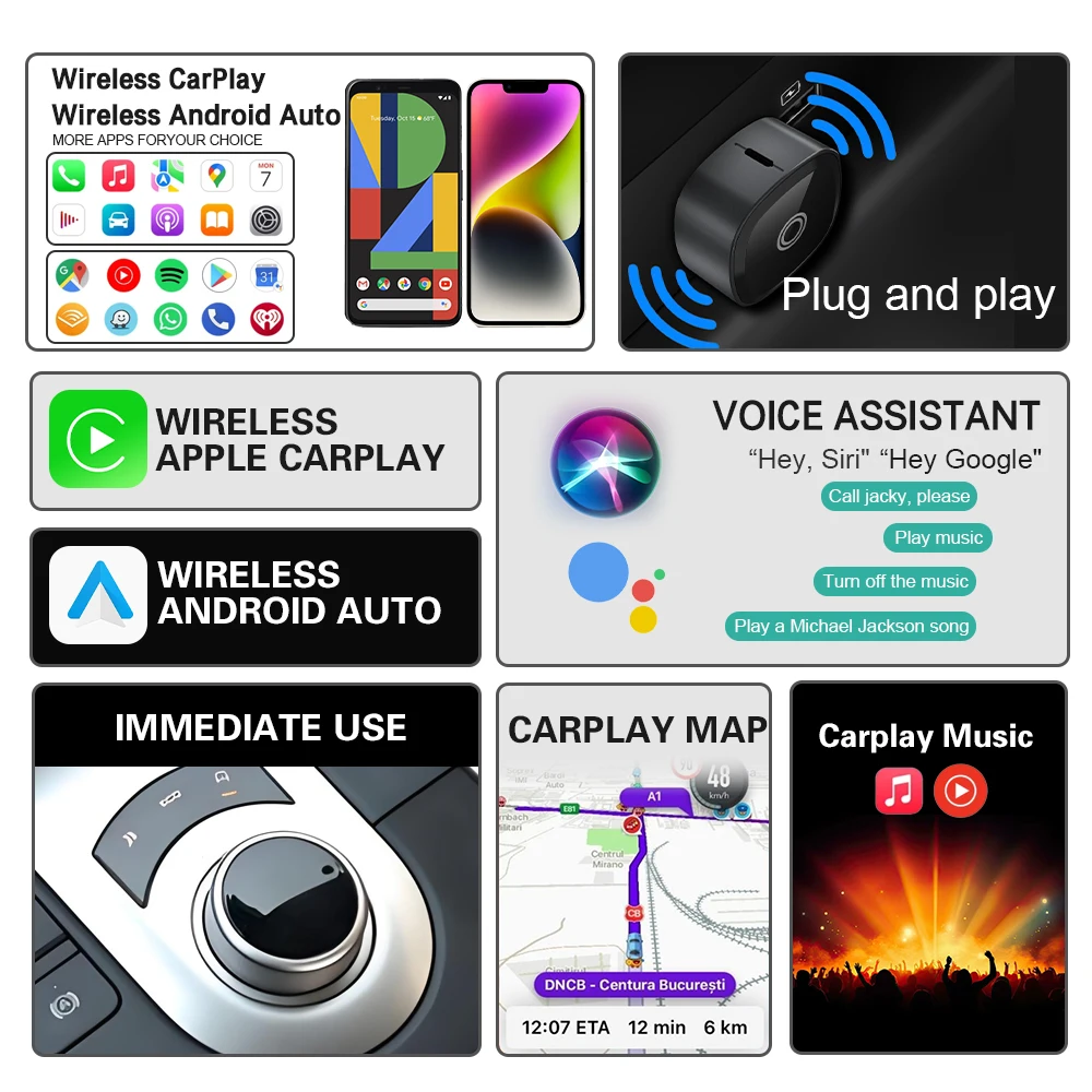 XUDA 2in1 Wireless CarPlay Adapter Android Auto AI Smart Box Auto – Bild 2