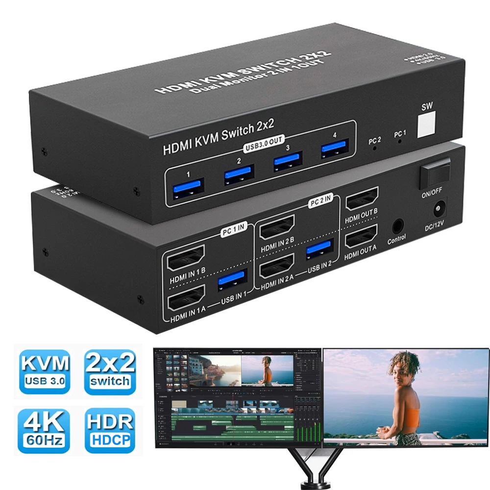 KVM-Switch 2×2 für zwei Monitore, 4K 60 Hz, HDMI 2.0 und USB 3.0