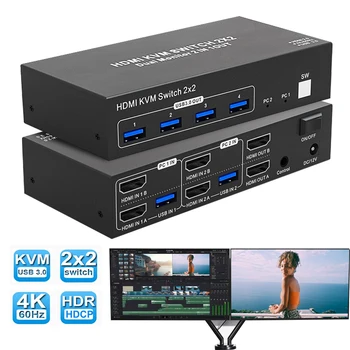 KVM-Switch 2×2 für zwei Monitore, 4K 60 Hz, HDMI 2.0 und USB 3.0