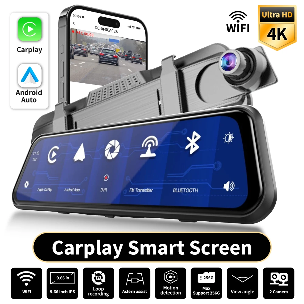 4K UHD Dual Dash Cam mit Carplay 9,66" Touchscreen Sprachsteuerung & Nachtsicht - Vordere und hintere Kameras