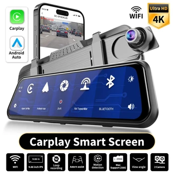4K UHD Dual Dash Cam mit Carplay 9,66" Touchscreen Sprachsteuerung & Nachtsicht - Vordere und hintere Kameras