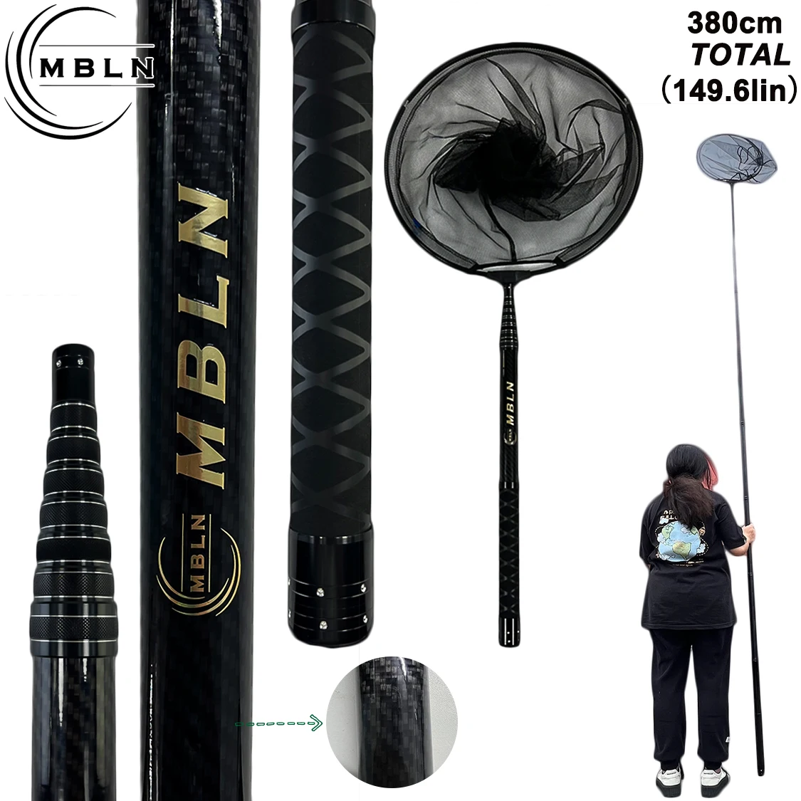 MBLN Kohlefaser-Schaufelnetz, 3M Teleskopstange, 45CM Netzkopf, Zusammengeklappt 58,5CM Länge