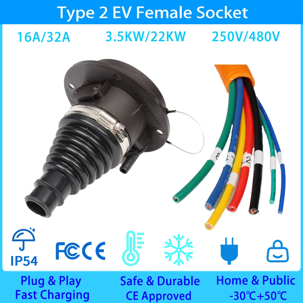 Typ2 EV-Ladebuchse 16A 32A 7KW Ein- oder Dreiphasig mit 0,5M Kabel IEC – Bild 6