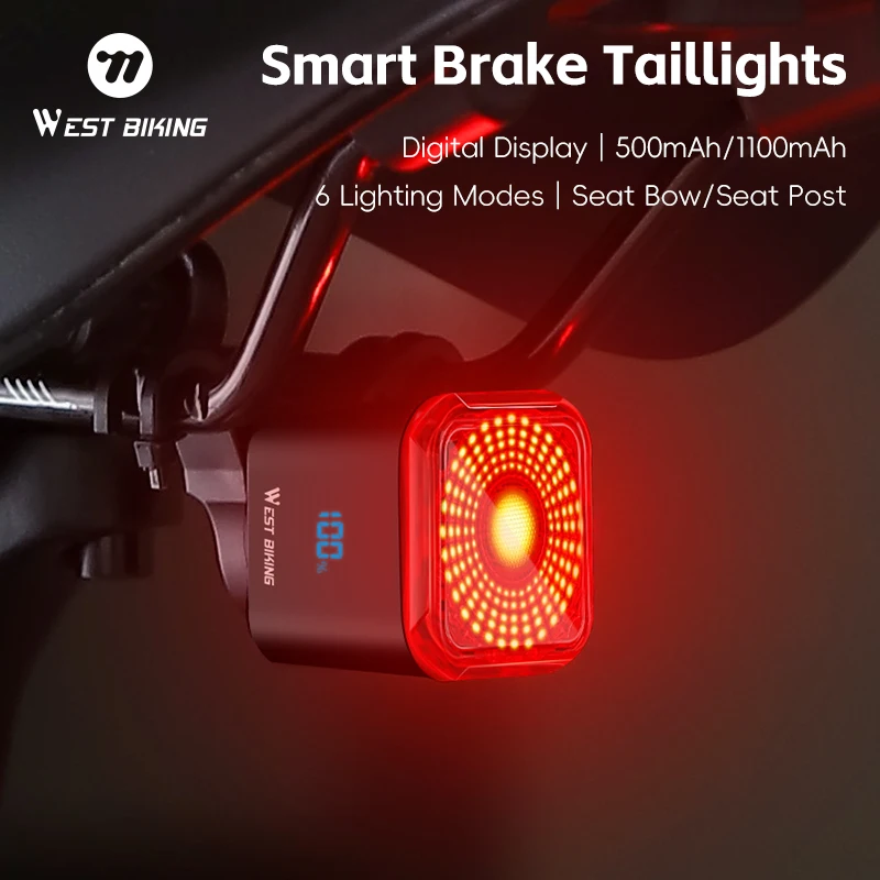 WEST RADFAHREN Fahrrad Rücklicht Bremse Sensing Digital Power Display Auto Start/Stop Lange Ausdauer Rücklicht