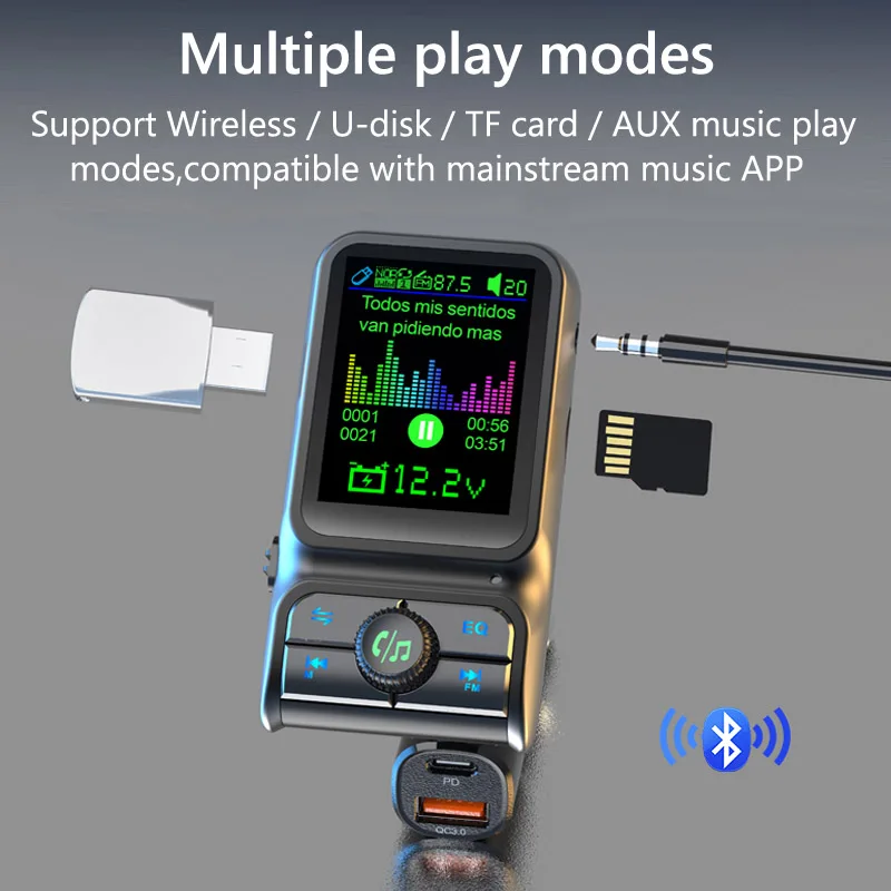Bluetooth 5,0 FM Transmitter Car MP3 Player QC 3,0 PD24W Dual USB – Bild 5