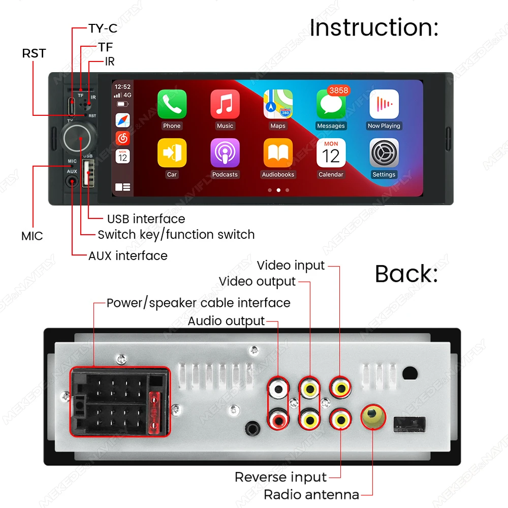 1Din Wireless CarPlay Android AUTO HD-Touchscreen Universal 6,86'' – Bild 5