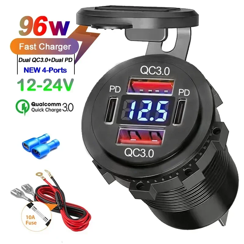 96W Dual PD QC3.0 USB Auto Motorrad Ladegerät mit Voltmeter Buchse Steckdose Adapter Wasserdicht für 12V/24V