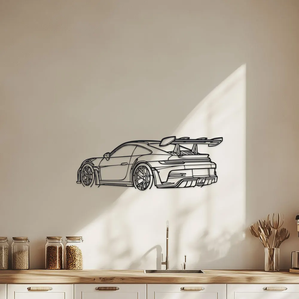 Auto-Wandkunst aus Metall - schwarze Metallschnitzerei, elegantes Design mit Spoiler- und Auspuffrohren
