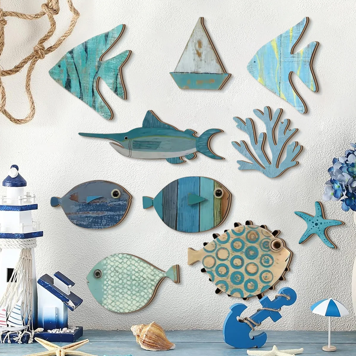 Handgefertigte hölzerne Ozean-Wanddekoration - Fisch-, Korallen-, Seestern- und Segelboot-Set