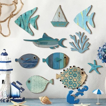 Handgefertigte hölzerne Ozean-Wanddekoration - Fisch-, Korallen-, Seestern- und Segelboot-Set