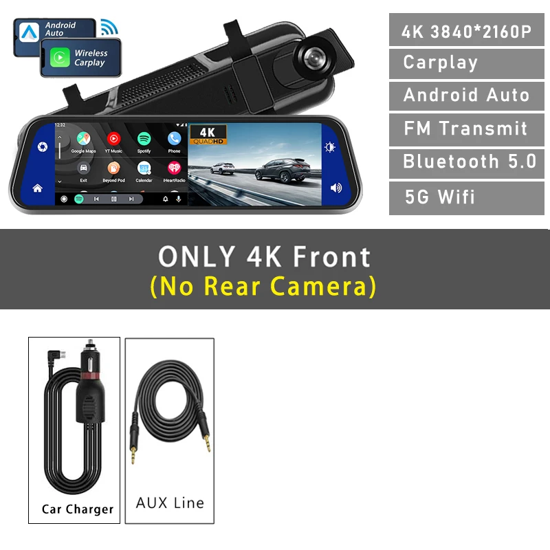 10 "Dash Cam 4K 3840*2160P Auto Dvr Carplay Android Auto GPS 5G WIFI AUX Stream rückspiegel Dashcam Kamera