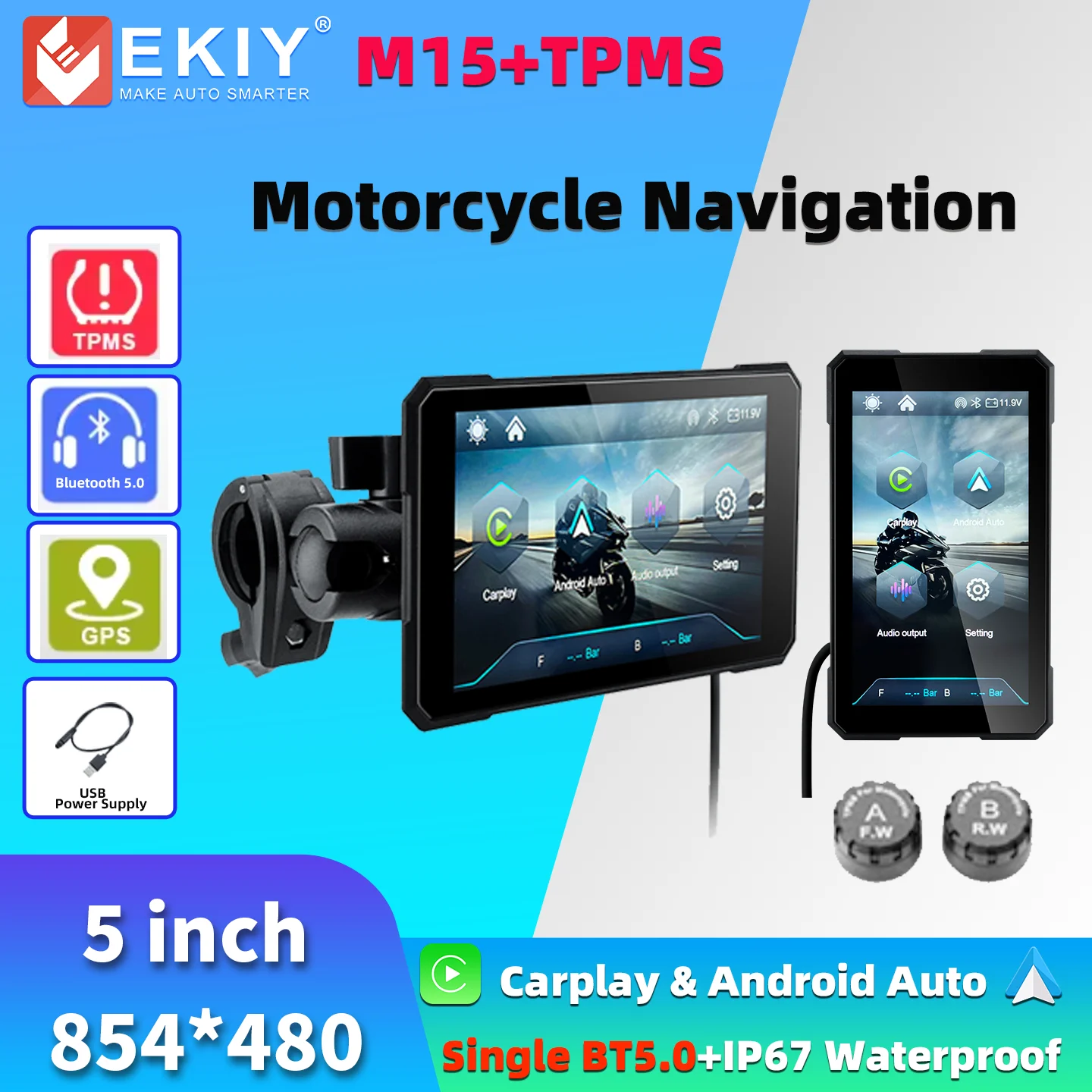 EKIY 5-Zoll-Rotationsbildschirm für kabelloses Carplay, Android, Auto, Motorrad, TPMS, GPS-Navigation
