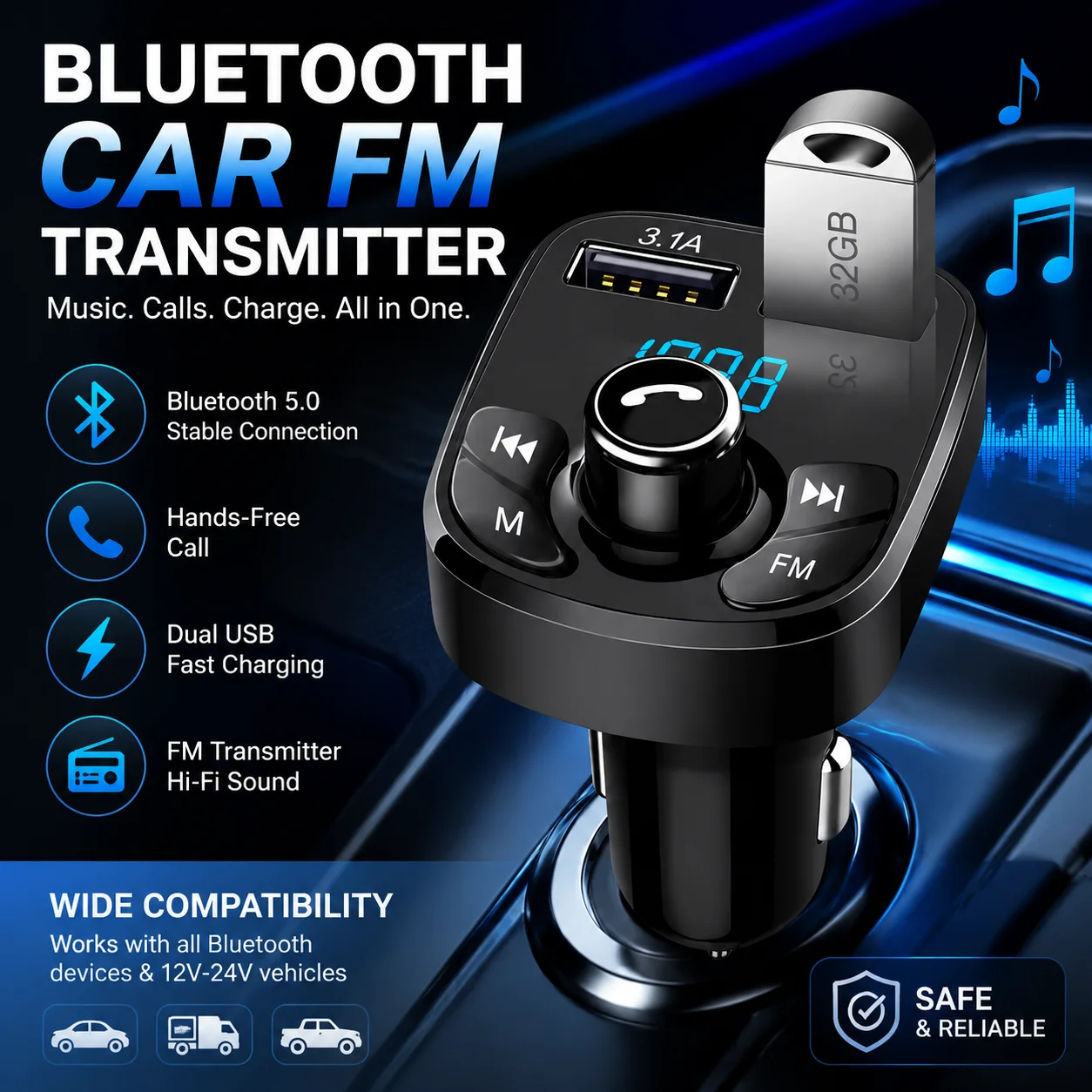 Auto-Freisprecheinrichtung Bluetooth 5.0 FM-Transmitter-Kit MP3-Modulator-Player Audio-Empfänger