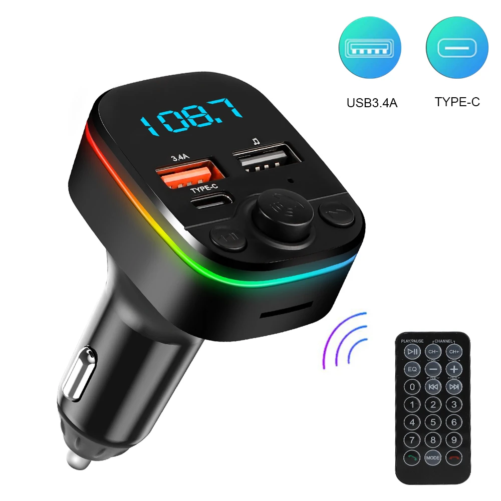 Auto-FM-Transmitter Bluetooth 5.0 Freisprecheinrichtung mit Typ-C Dual-USB 3,4A Schnellladegerät