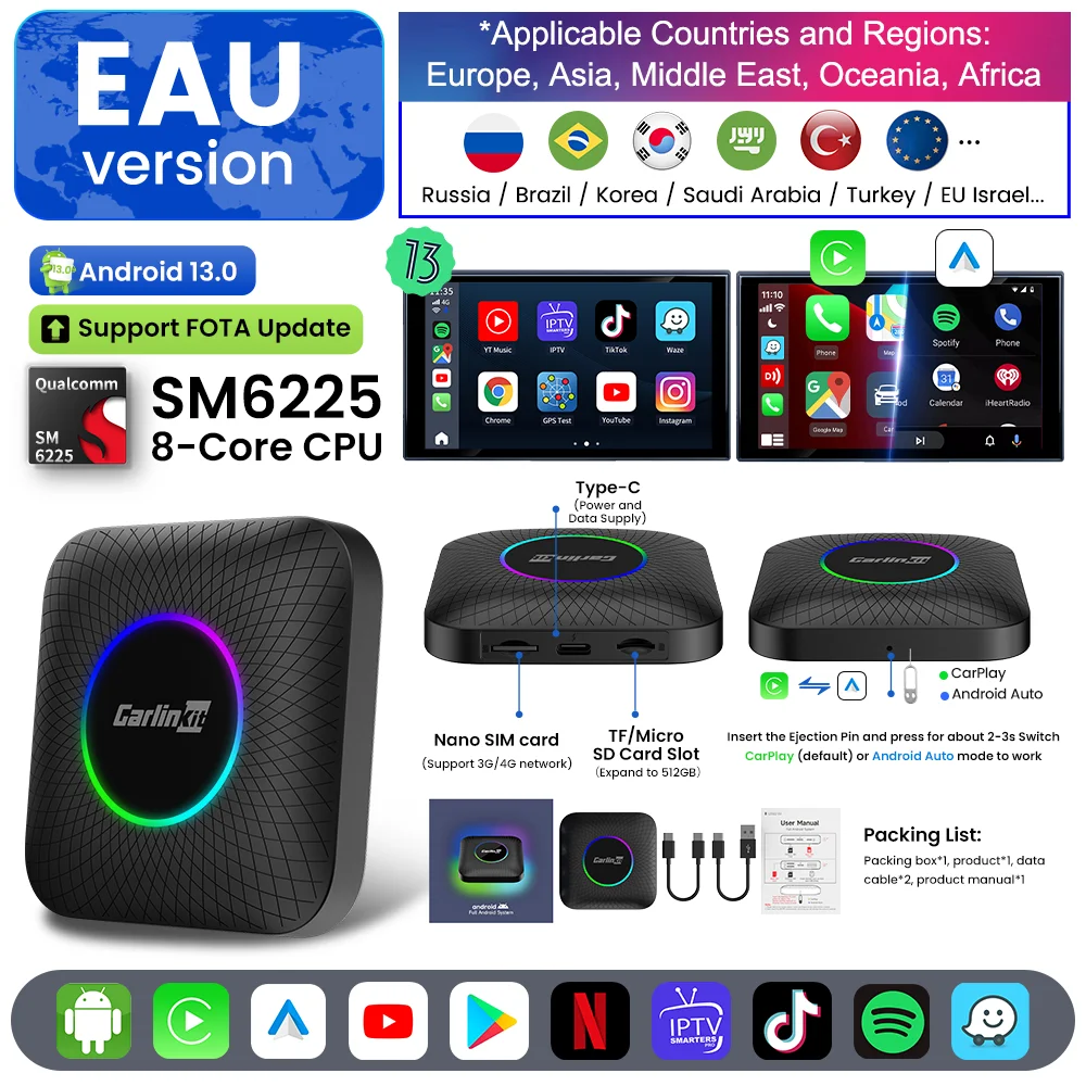 Carlinkit Android 13 Tv Box LED 8 + 128 GB CarPlay Wireless Android Auto Wireless Adapter Unterstützung