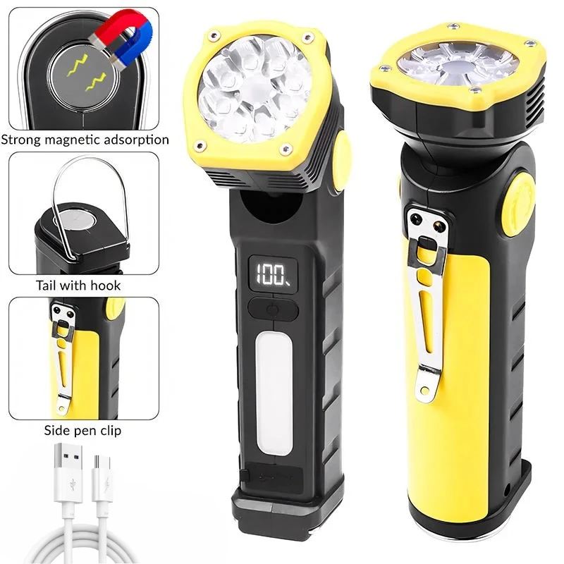 Tragbare LED-Taschenlampe mit zwei Lichtquellen, Arbeitsleuchte, USB-Aufladung, Schwanzmagnet 90 ° Rotierend