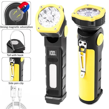 Tragbare LED-Taschenlampe mit zwei Lichtquellen, Arbeitsleuchte, USB-Aufladung, Schwanzmagnet 90 ° Rotierend